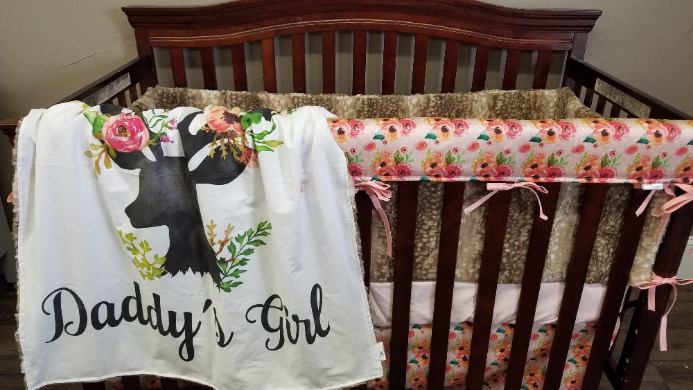 Custom Girl Crib Bedding - Daddy&#39;s Girl Deer and Rose Woodland Nursery Collection - DBC Baby Bedding Co 