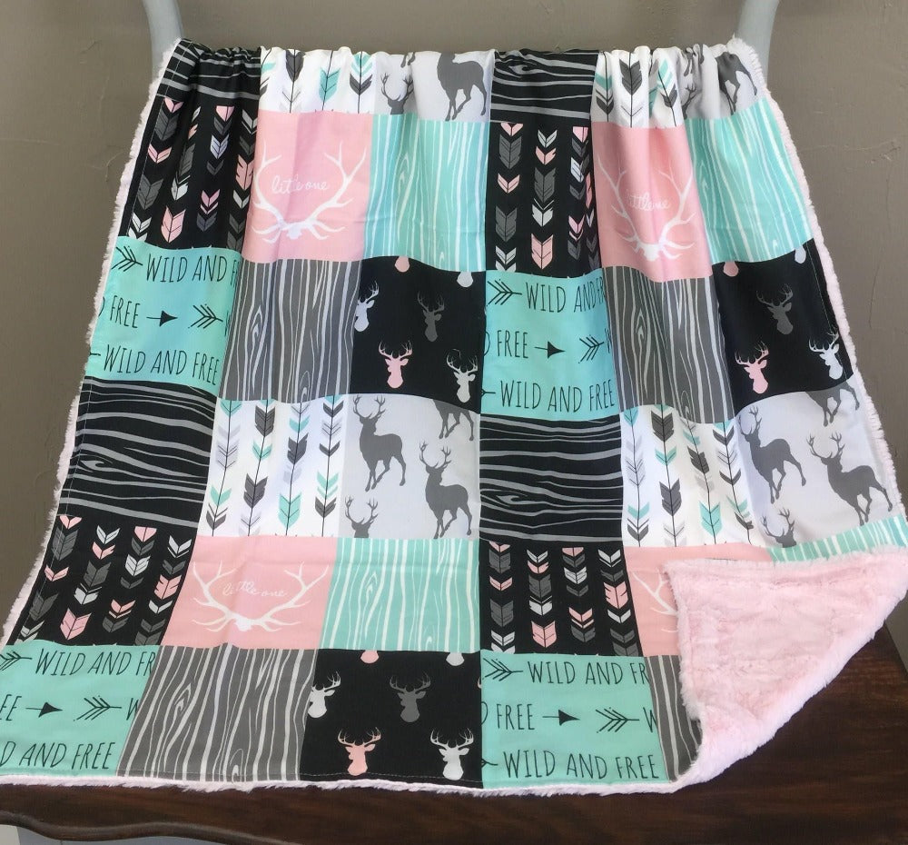 Custom Girl Crib Bedding - Little One Antlers, Wild and Free Woodland Collection - DBC Baby Bedding Co 