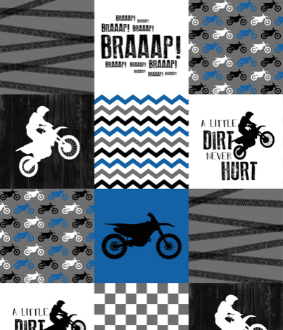 Twin, Full, or Queen Custom Dirt Bike Patchwork Print in blue - DBC Baby Bedding Co 