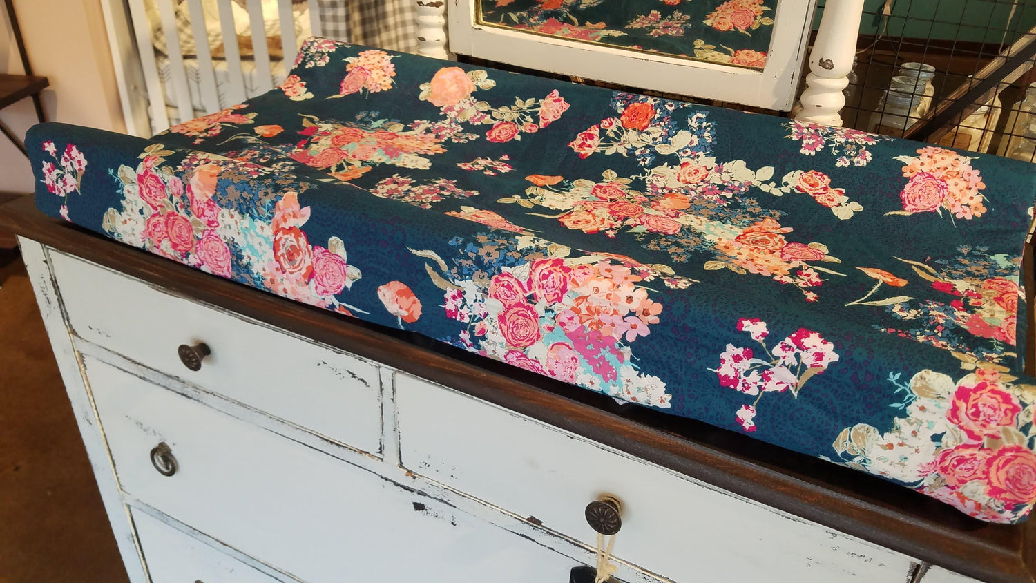 Changing Pad Cover - Floral Navy Coral Floral - DBC Baby Bedding Co 