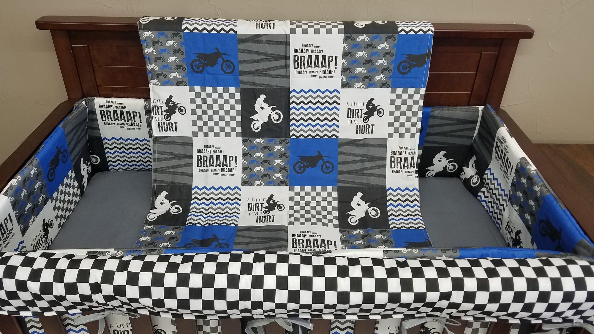Custom Boy Crib Bedding - Dirt Bike, Race Flag Check, Motocross Baby Bedding Collection - DBC Baby Bedding Co 