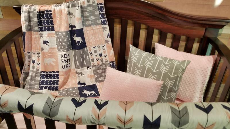 Custom Girl Crib Bedding - Adventure Moose Bear Woodland Crib Bedding - DBC Baby Bedding Co 