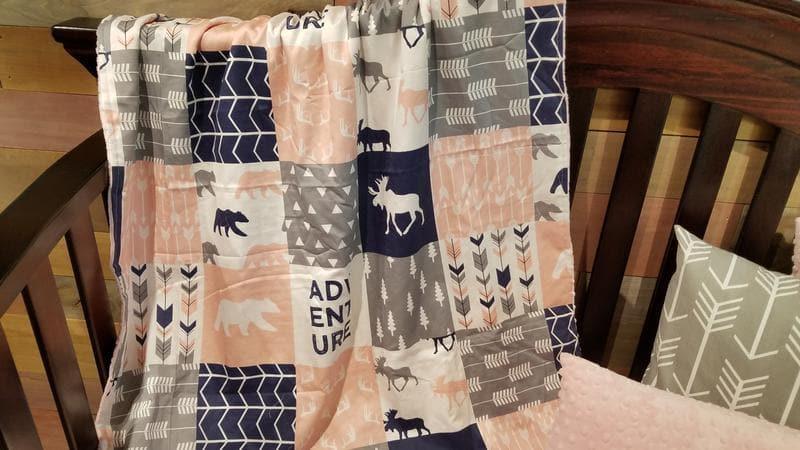 Custom Girl Crib Bedding - Adventure Moose Bear Woodland Crib Bedding - DBC Baby Bedding Co 