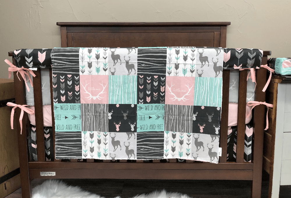 Custom Girl Crib Bedding - Little One Antlers, Wild and Free Woodland Collection - DBC Baby Bedding Co 