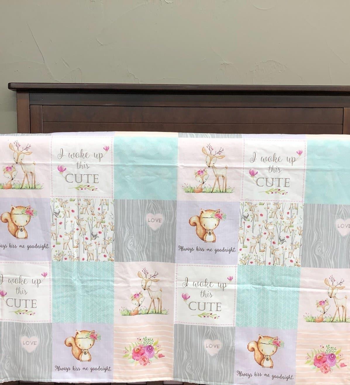 Twin, Full, or Queen Comforter - Forest Friends Girl Patchwork Print - fox, deer, racoon - DBC Baby Bedding Co 