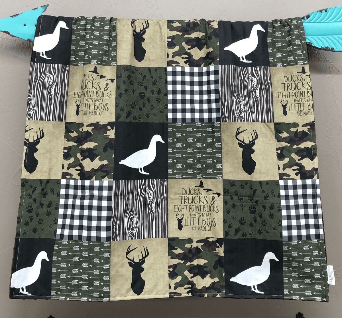 Twin, Full, or Queen Comforter - Ducks, Trucks, Bucks Patchwork Print in olive and brown - DBC Baby Bedding Co 