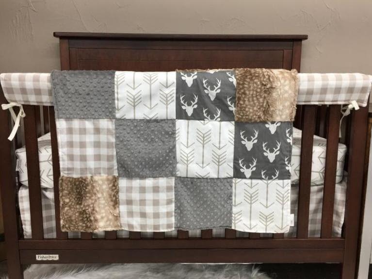 Gray Buck, Arrow, Tan Buffalo Check, Woodland Deer Crib Bedding