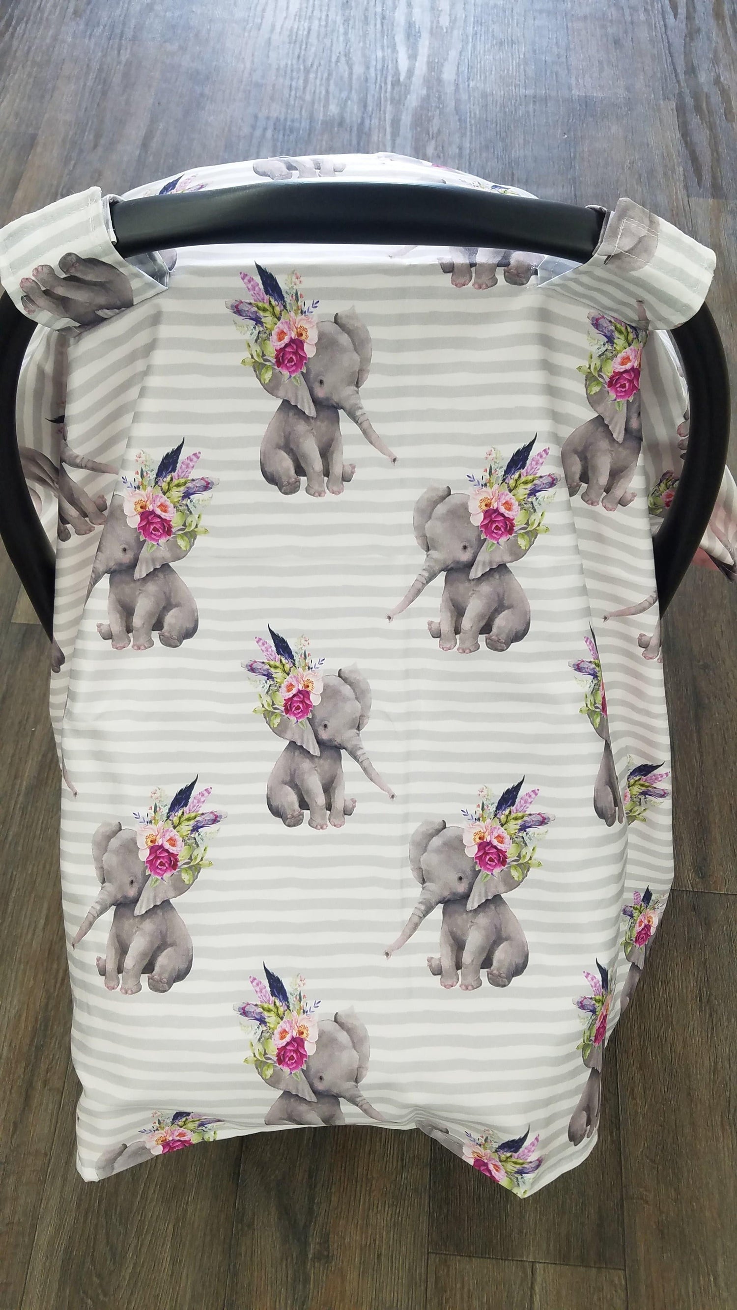 Custom Carseat Tent - Elephant Boho Flowers Canopy - DBC Baby Bedding Co 