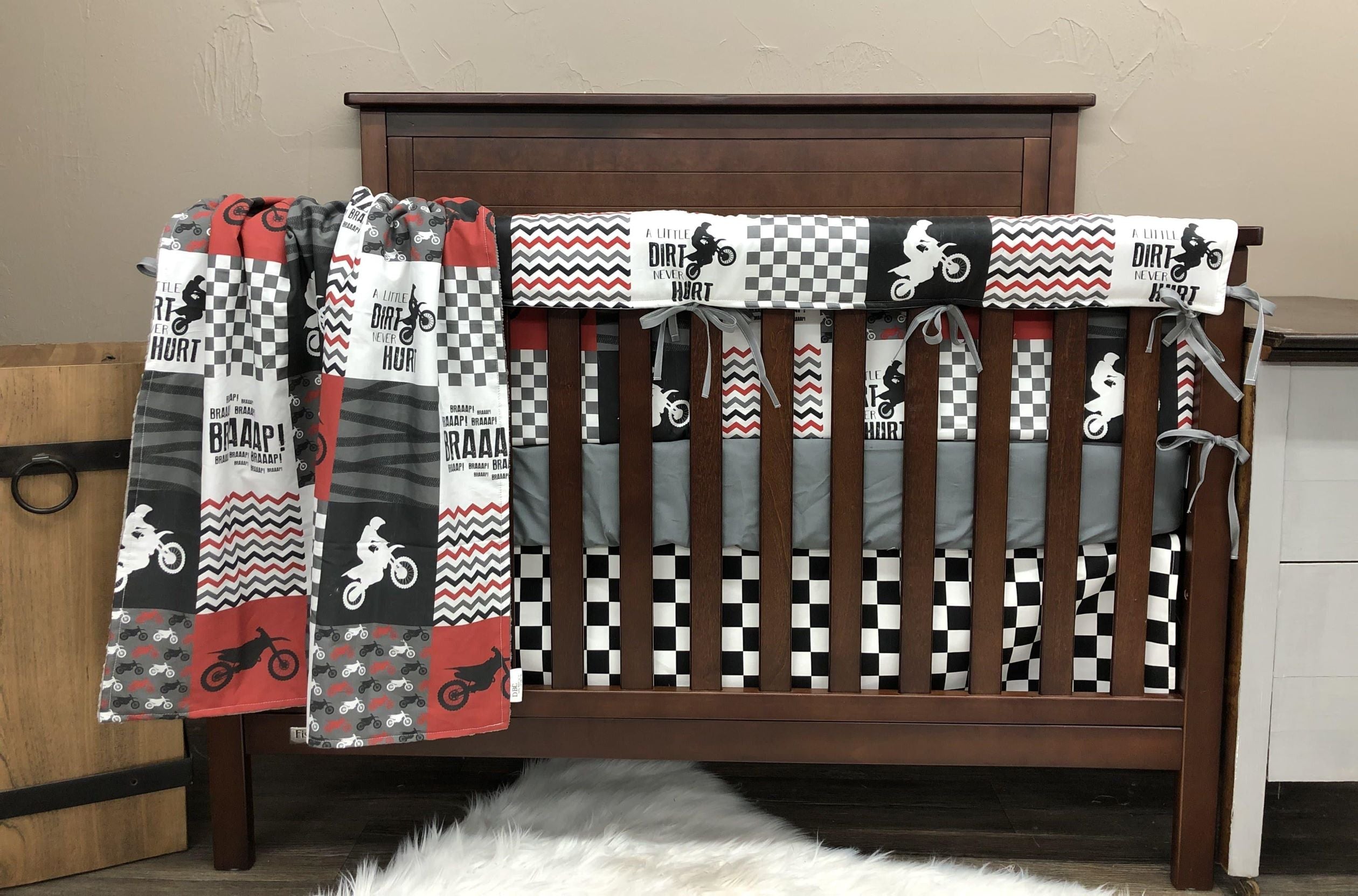 Custom Boy Crib Bedding Dirt Bike Race Flag Check Motocross Baby Bedding Collection 3pc Crib Bedding Set