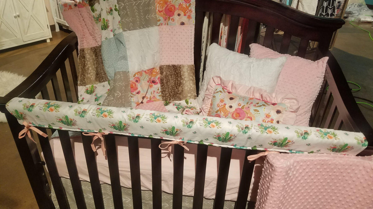 Custom Girl Crib Bedding - Watercolor Flower and Cactus Nursery Collection - DBC Baby Bedding Co 