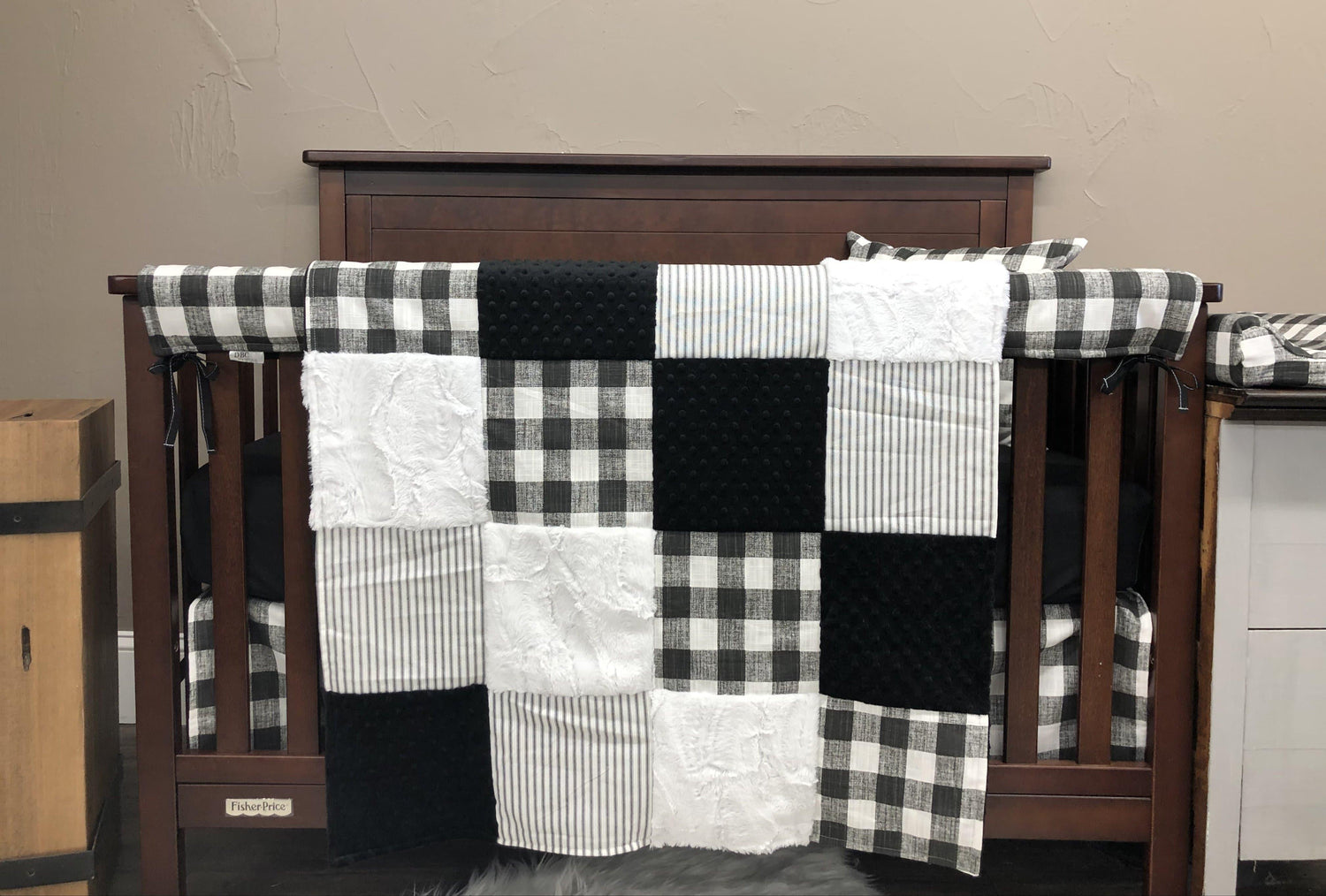 Neutral Crib Bedding- Black Buffalo Check, Black Ticking Stripe, Farmhouse Collection - DBC Baby Bedding Co 