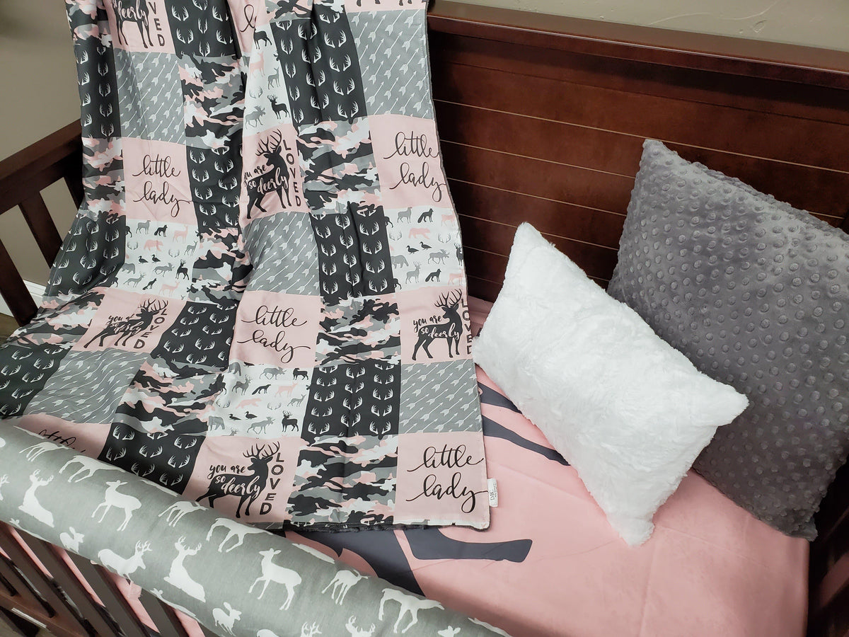 Custom Girl Crib Bedding- Deerly Loved Deer Woodland Collection - DBC Baby Bedding Co 