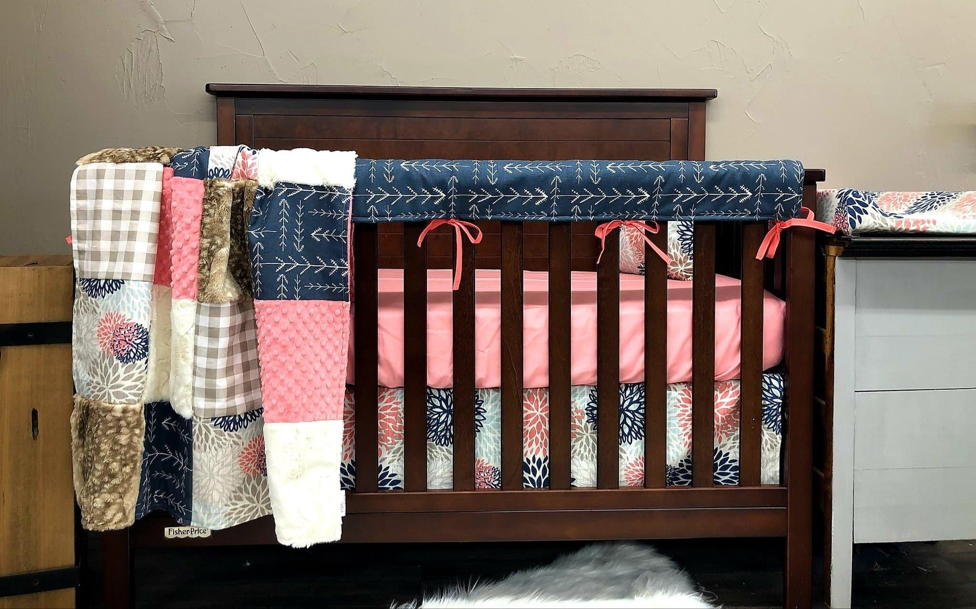 Girl Crib Bedding - Color Burst, Arrow, Fawn Minky, Coral Woodland Collection - DBC Baby Bedding Co 