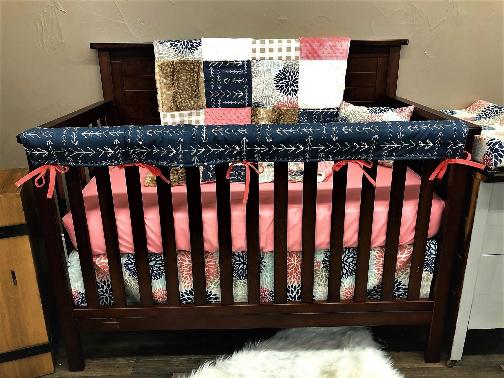 Girl Crib Bedding - Color Burst, Arrow, Fawn Minky, Coral Woodland Collection - DBC Baby Bedding Co 