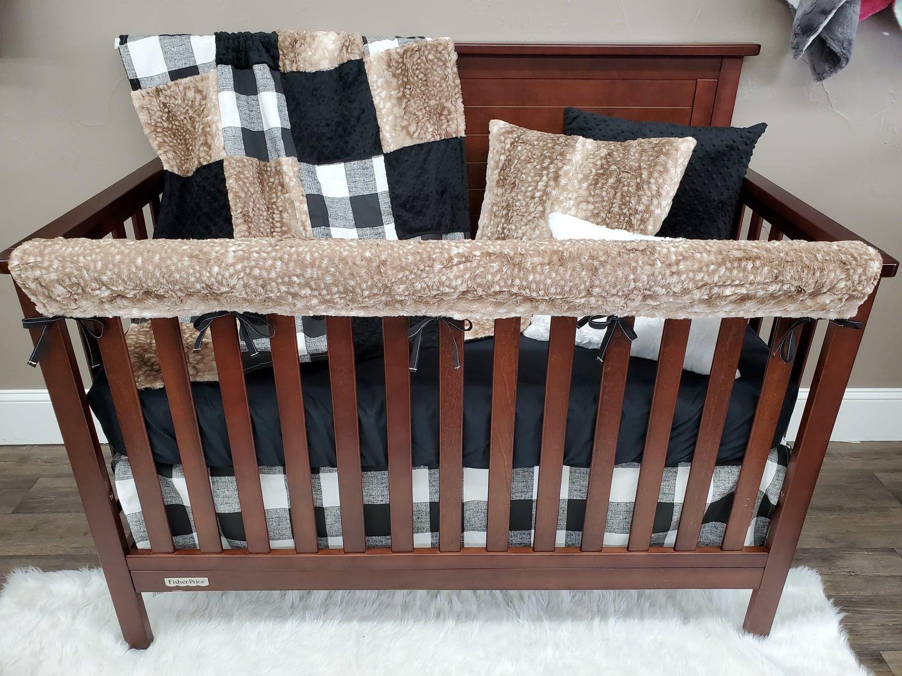 Ready Ship Neutral Crib Bedding - Black Check and Fawn Minky Farmhouse Collection - DBC Baby Bedding Co 