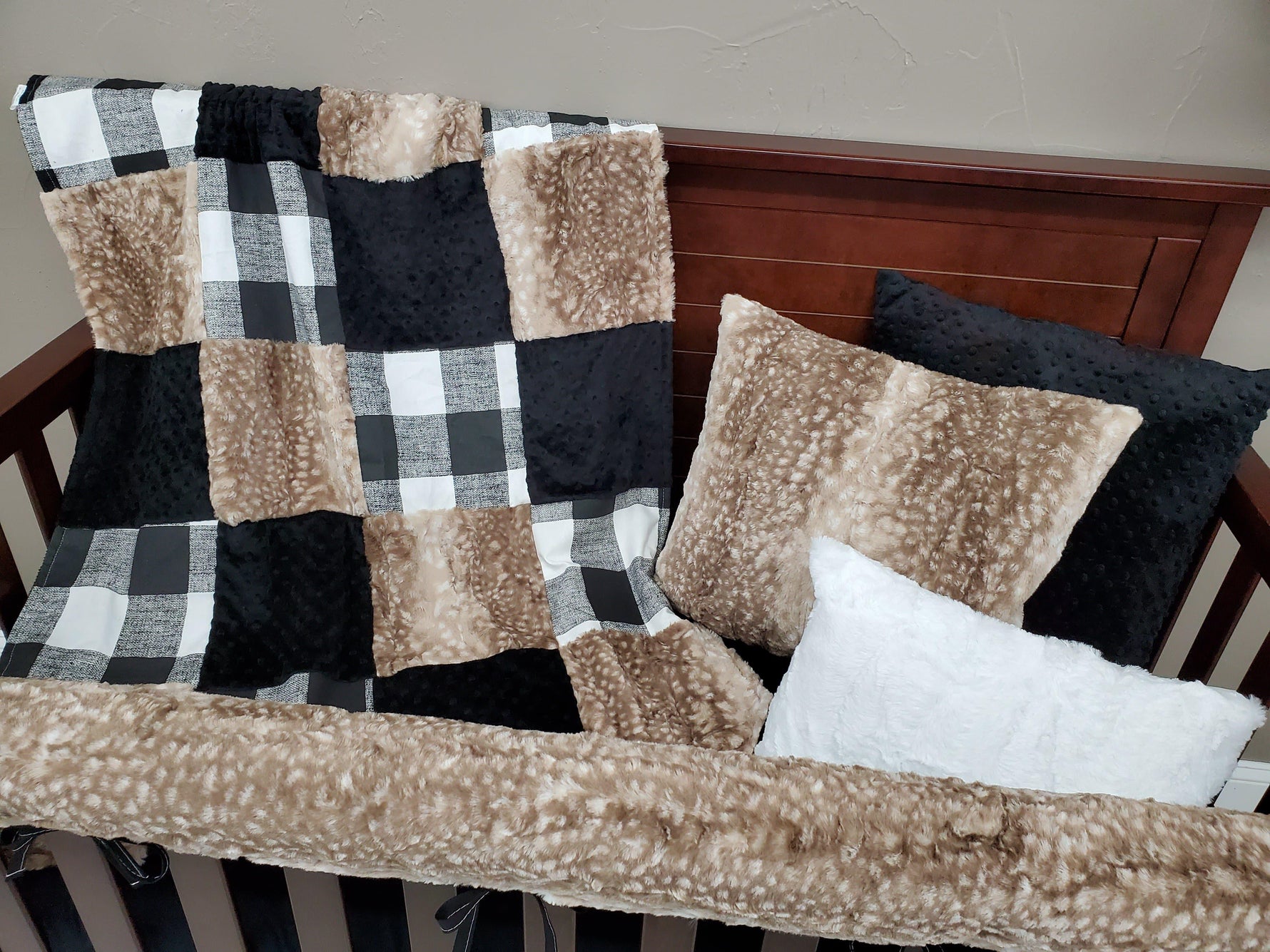 Ready Ship Neutral Crib Bedding - Black Check and Fawn Minky Farmhouse Collection - DBC Baby Bedding Co 