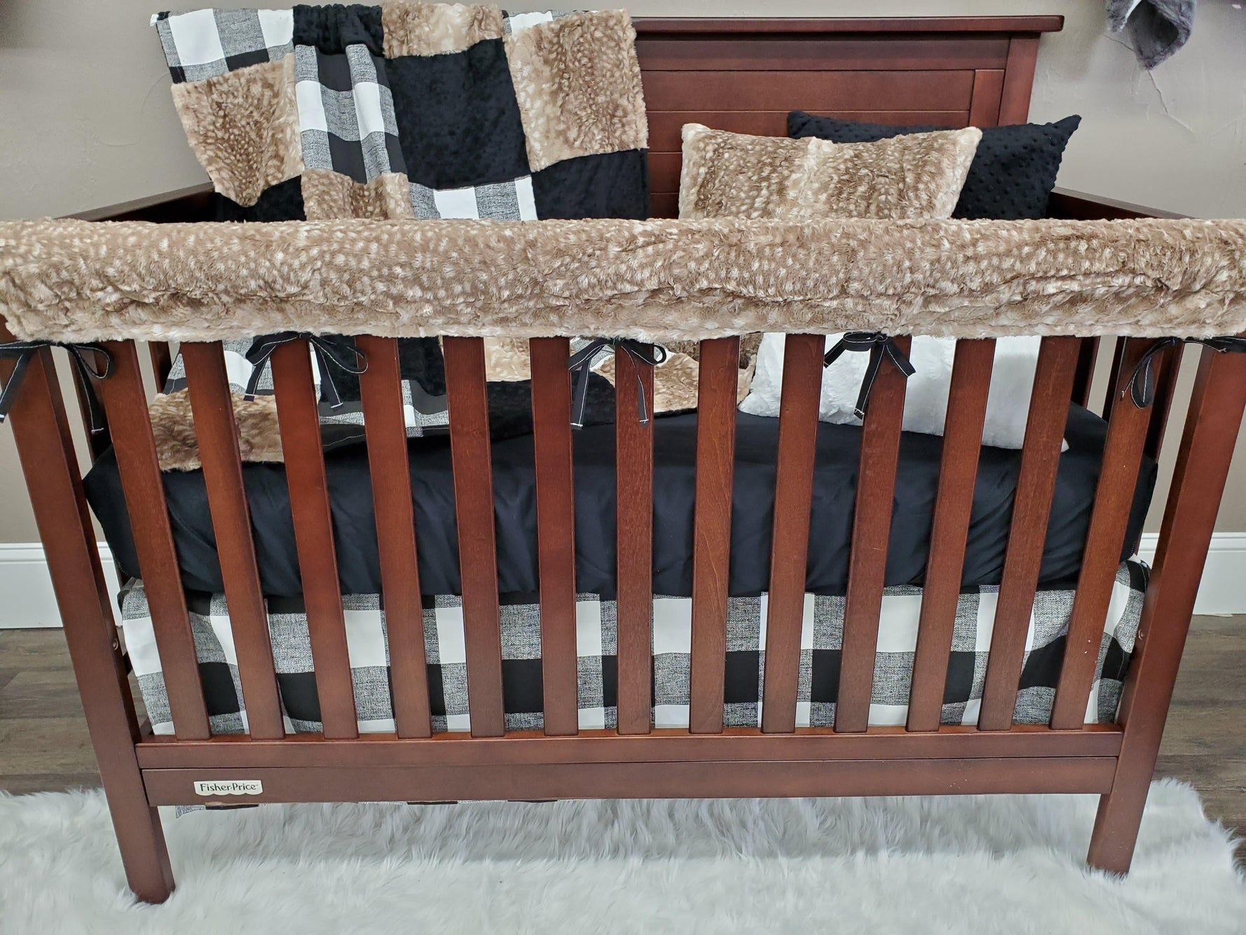 Ready Ship Neutral Crib Bedding - Black Check and Fawn Minky Farmhouse Collection - DBC Baby Bedding Co 