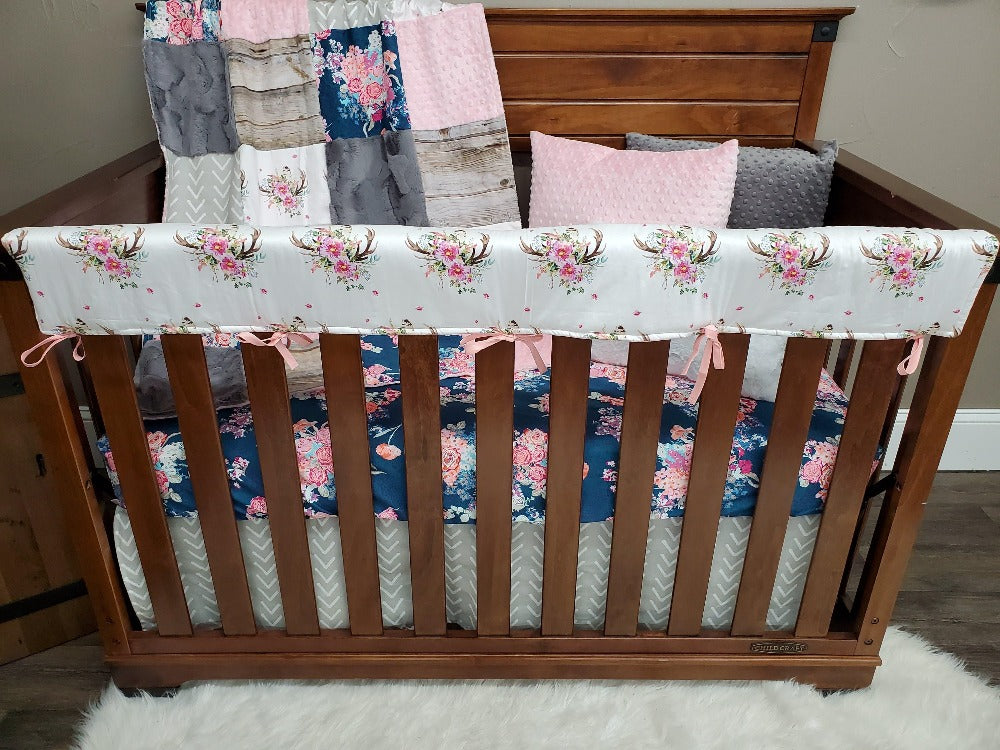 Custom Girl Crib Bedding - Antler and Navy Coral Floral Woodland Crib Bedding - DBC Baby Bedding Co 