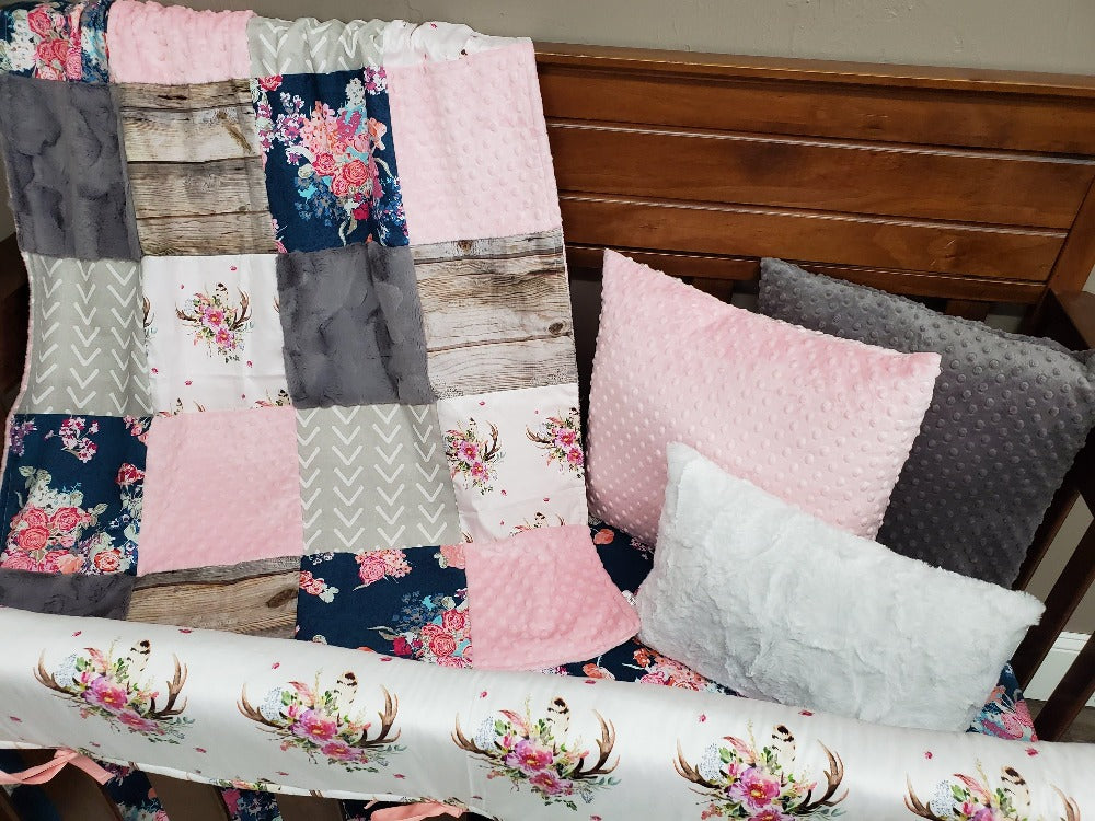 Custom Girl Crib Bedding - Antler and Navy Coral Floral Woodland Crib Bedding - DBC Baby Bedding Co