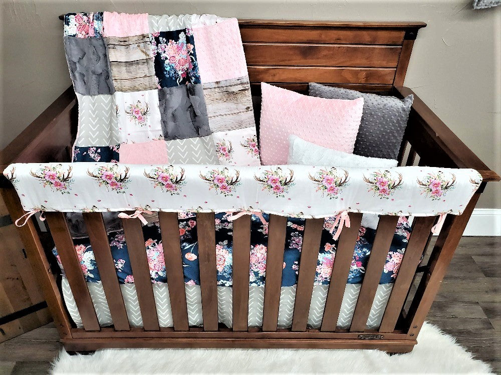 Custom Girl Crib Bedding Antler and Navy Coral Floral Woodland Baby Bedding Nursery Collection 3pc Crib Bedding Set