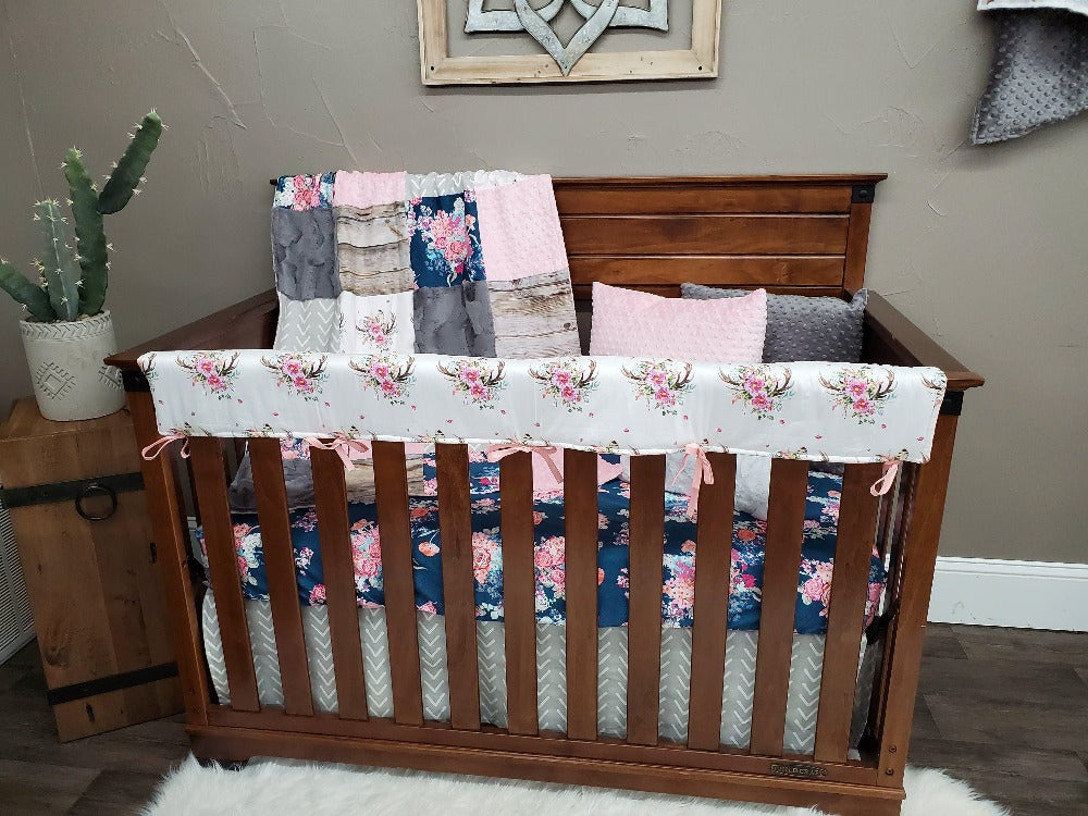 Navy and coral crib bedding sale