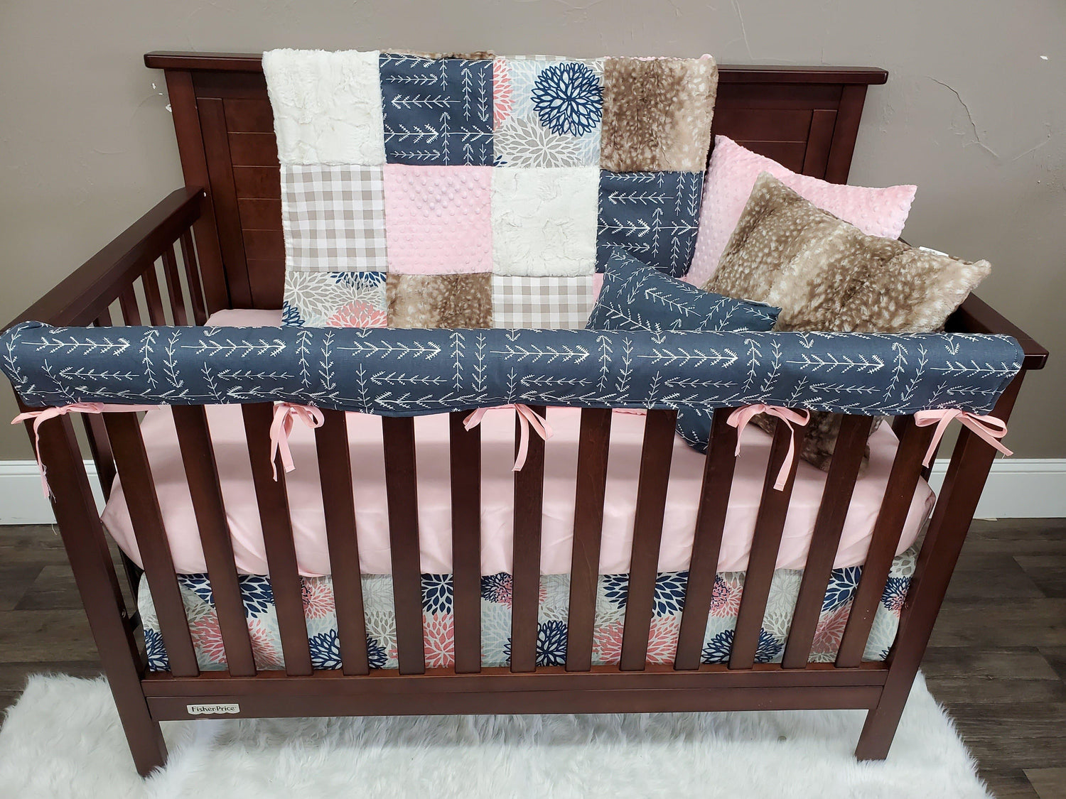 Ready Ship Girl Crib Bedding - Color Burst, Arrow, Fawn Minky Woodland Collection - DBC Baby Bedding Co 