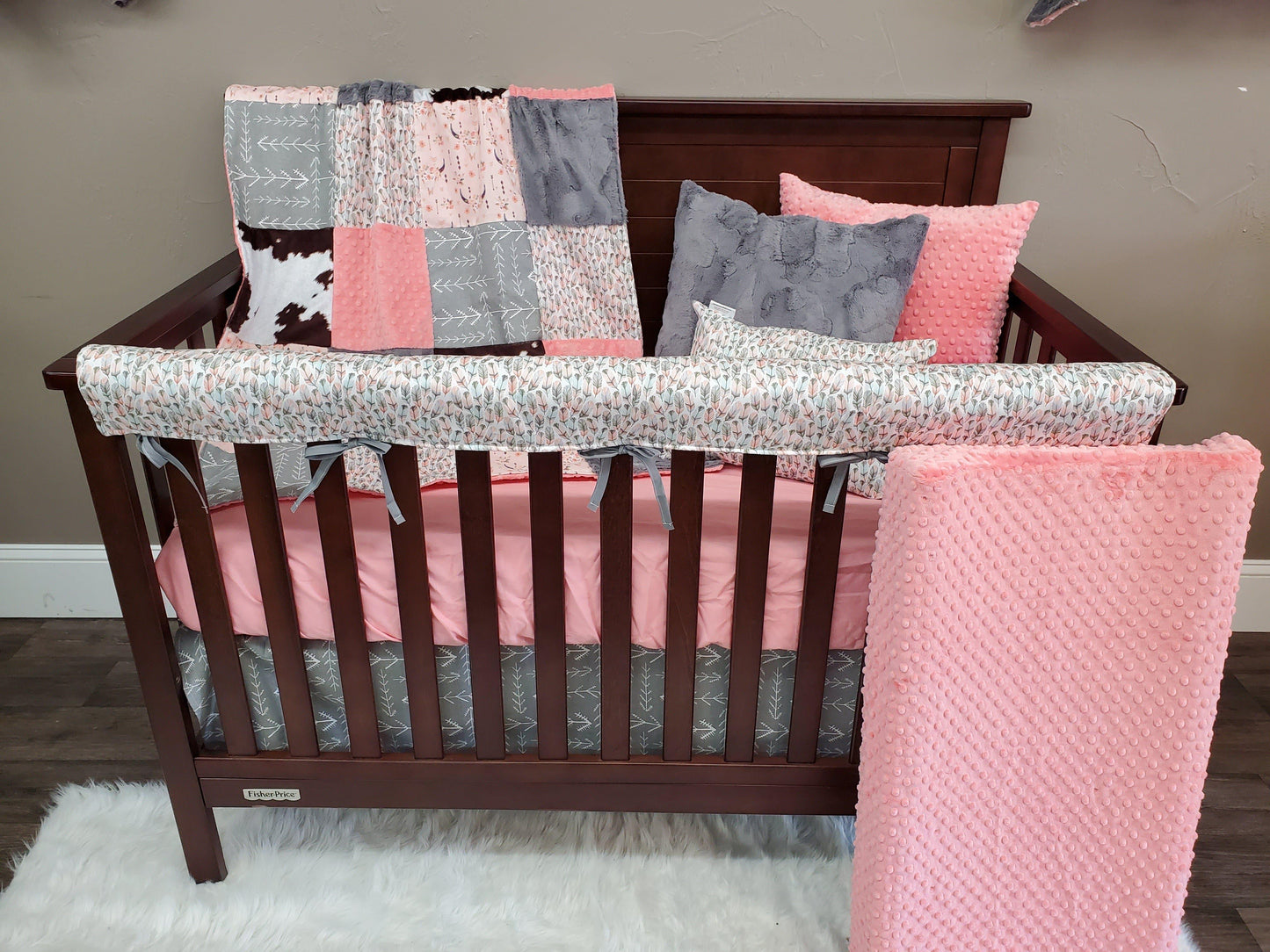 Custom Girl Crib Bedding - Peach Steer and Cow Hide Western Nursery Collection - DBC Baby Bedding Co 