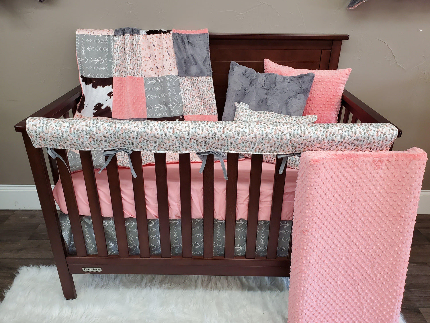 Custom Girl Crib Bedding - Peach Steer and Cow Hide Western Nursery Collection - DBC Baby Bedding Co 