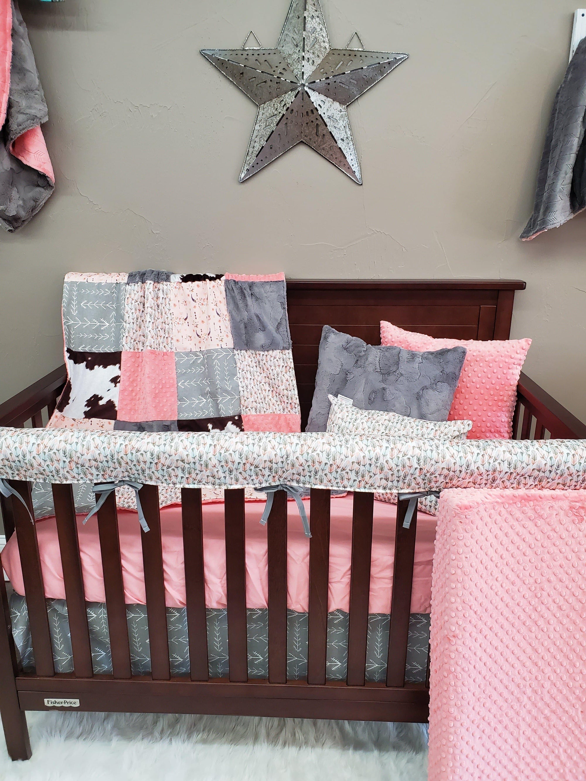 Custom Girl Crib Bedding - Peach Steer and Cow Hide Western Nursery Collection - DBC Baby Bedding Co 
