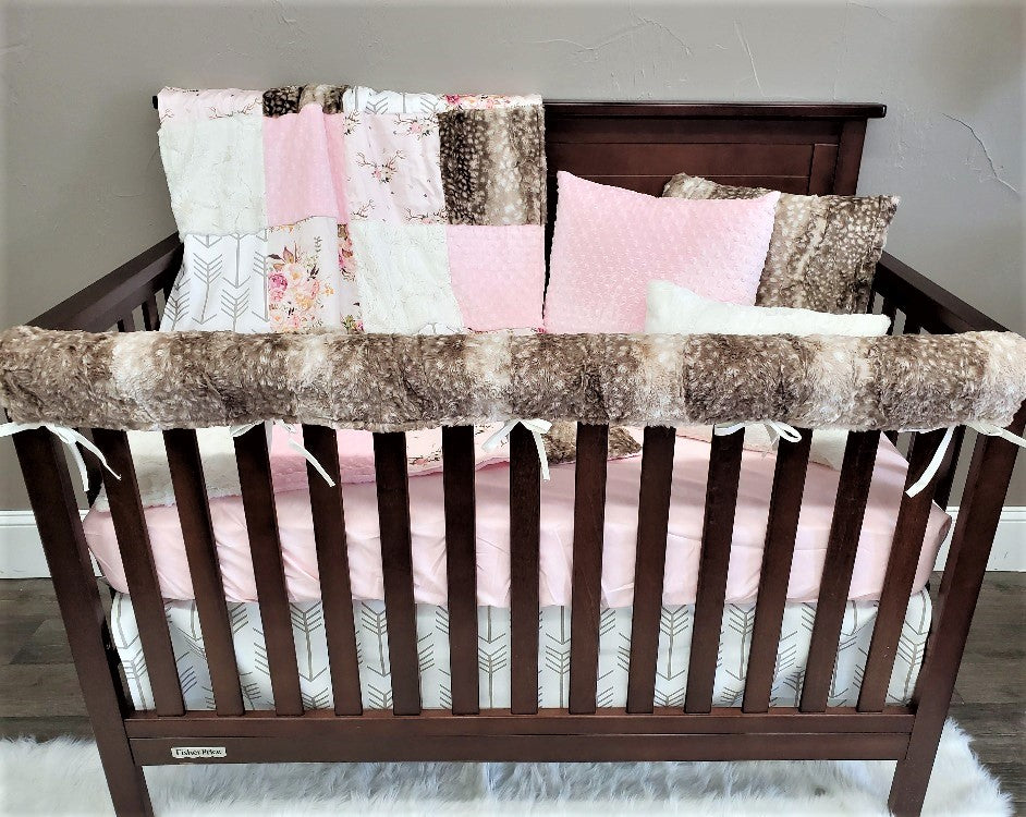 Custom Girl Crib Bedding - Antlers, Antique Flowers, Fawn Minky Woodland Collection - DBC Baby Bedding Co