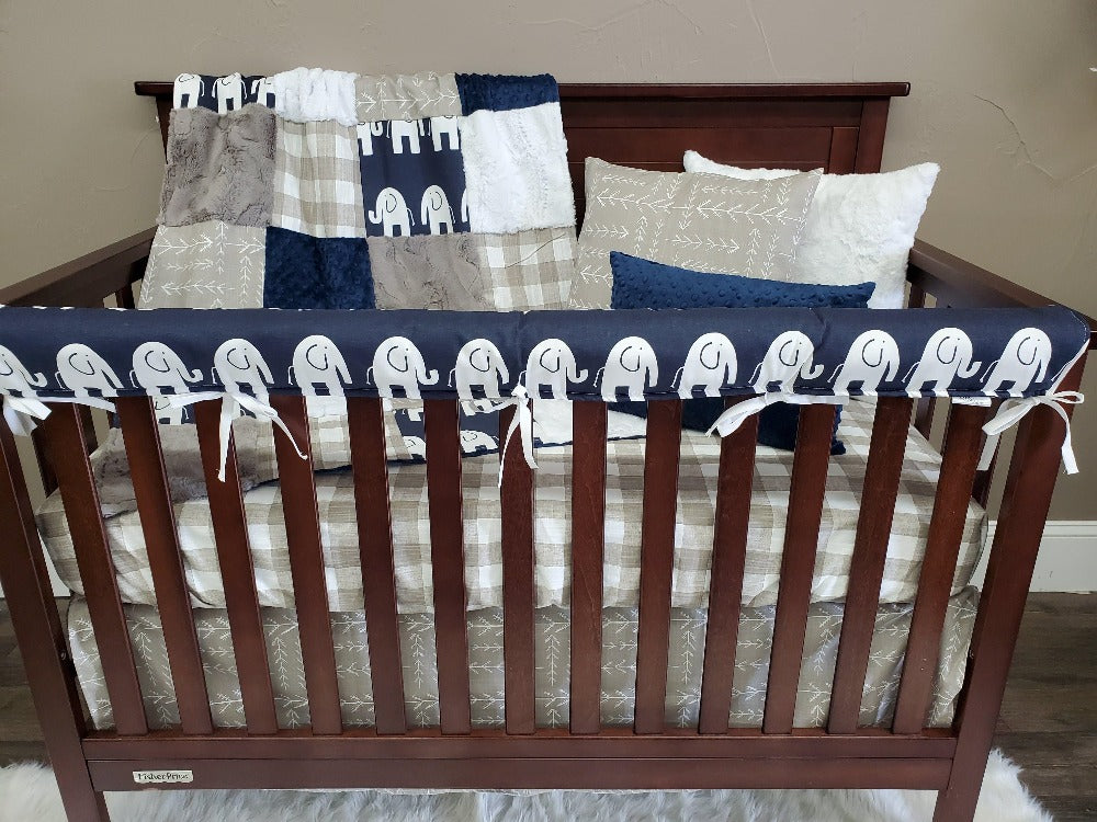 Boy Crib Bedding - Safari Ecru Check &amp; Navy Elephant Crib Bedding - DBC Baby Bedding Co 