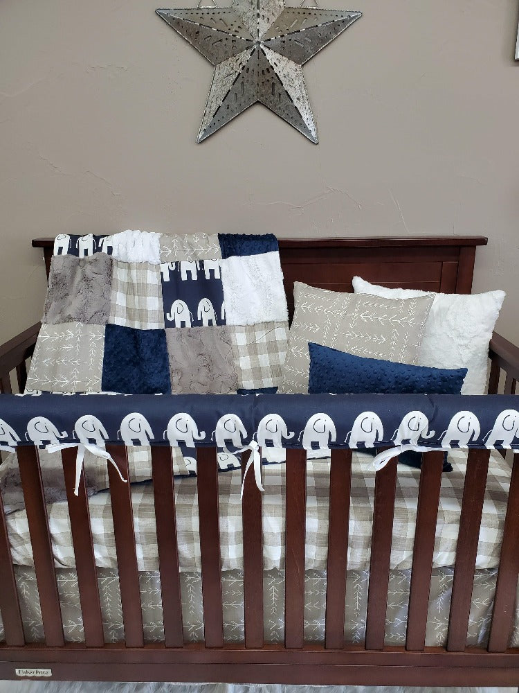 Boy Crib Bedding - Safari Ecru Check & Navy Elephant Crib Bedding - DBC Baby Bedding Co 