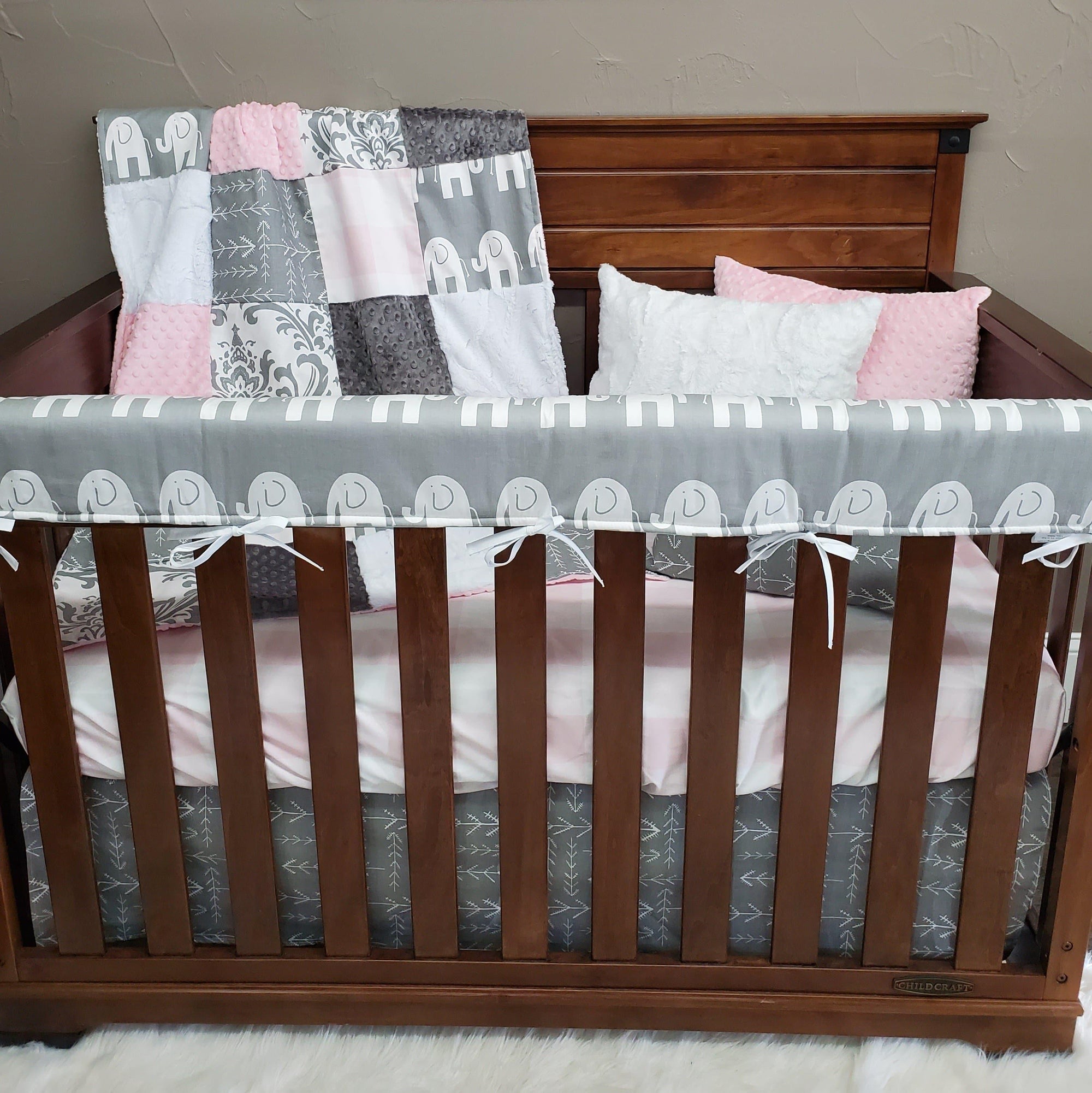 Girl Crib Bedding - Gray Elephant and Blush Buffalo Check Crib Bedding Collection - DBC Baby Bedding Co