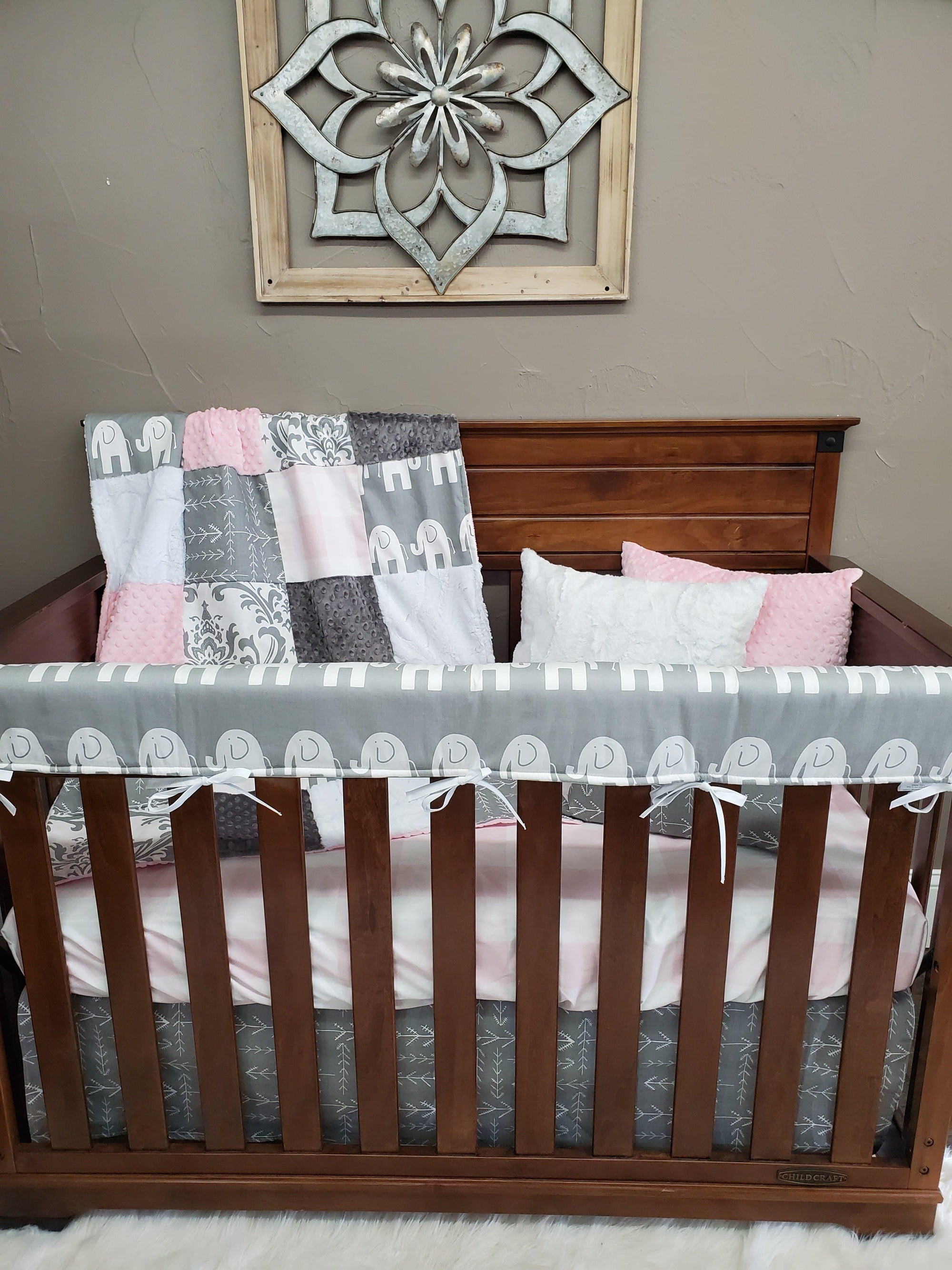 Girl Crib Bedding - Gray Elephant and Blush Buffalo Check Crib Bedding Collection - DBC Baby Bedding Co