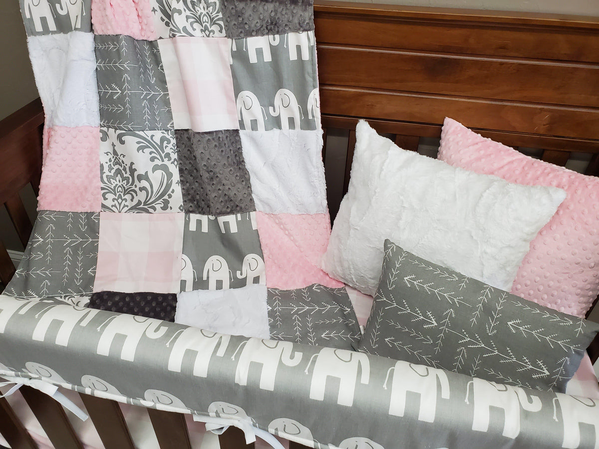 Girl Crib Bedding - Elephant and Blush Buffalo Check Collection - DBC Baby Bedding Co 