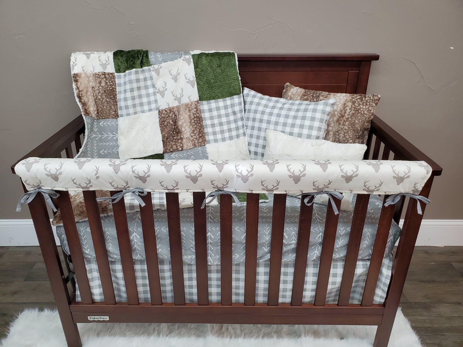 Ready Ship Neutral Crib Bedding - Buck, Arrow, Hunter Green Woodland Collection - DBC Baby Bedding Co 