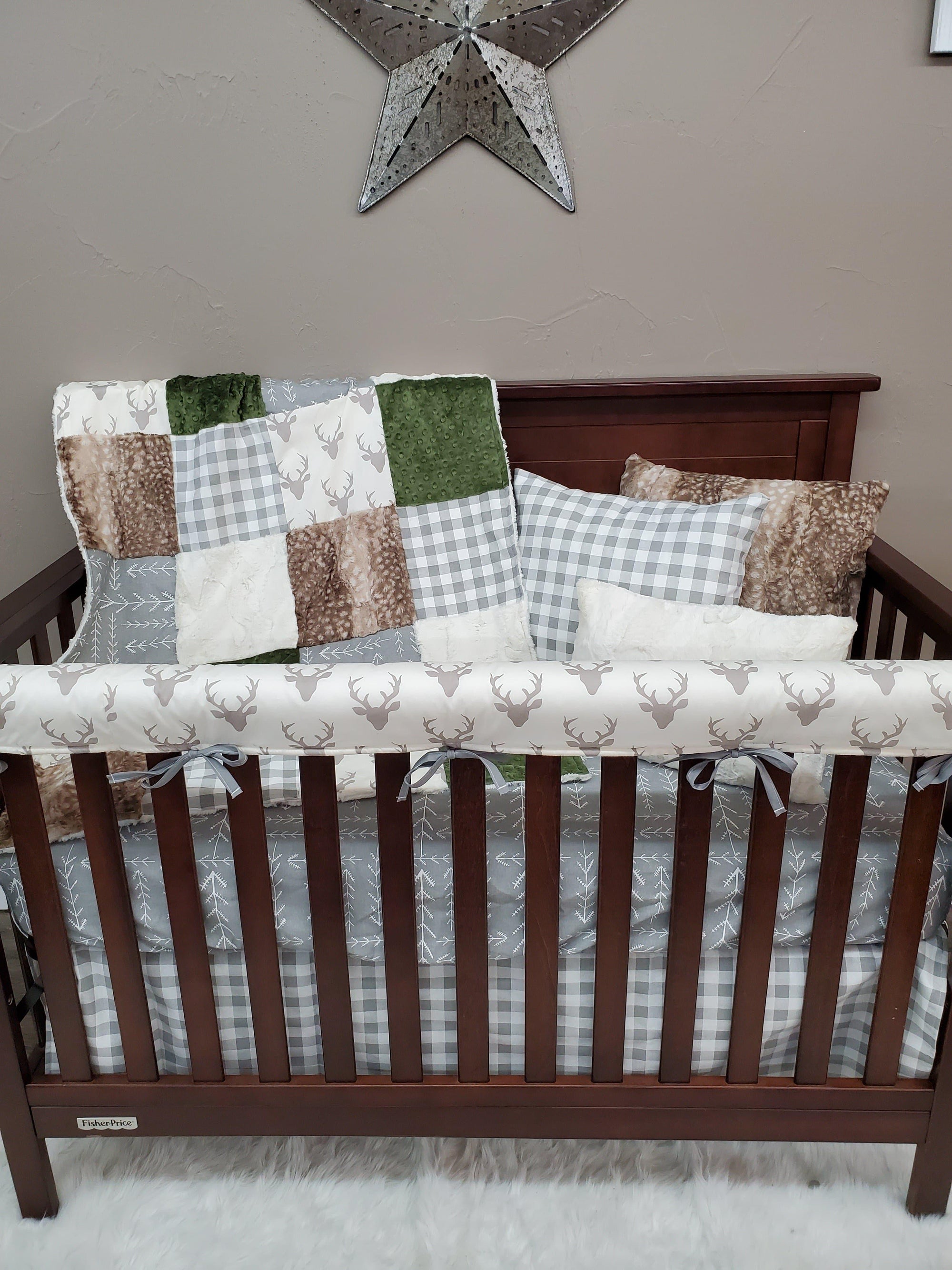 Ready Ship Neutral Crib Bedding - Buck, Arrow, Hunter Green Woodland crib bedding Collection - DBC Baby Bedding Co 