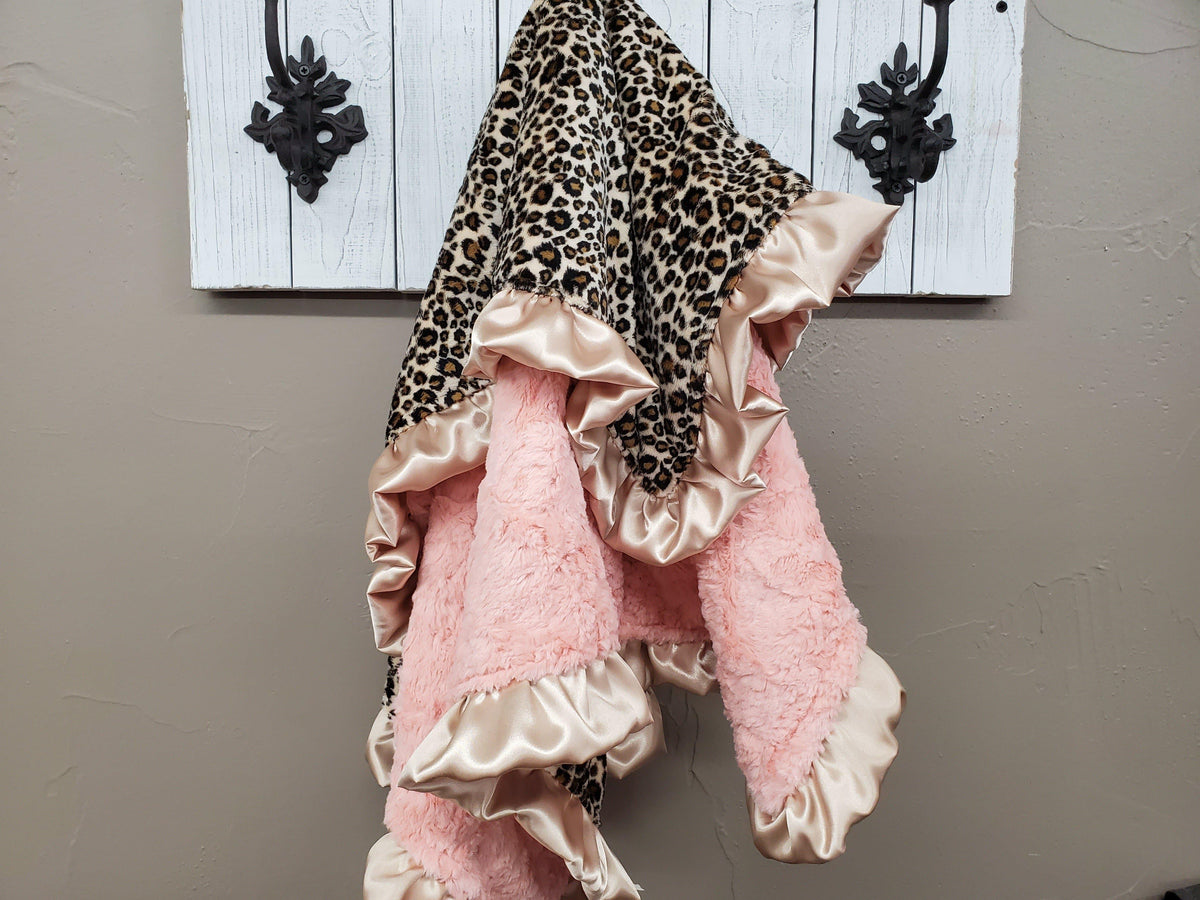 Ruffle Blanket - cheetah minky and crushed minky with light gold ruffle - DBC Baby Bedding Co 