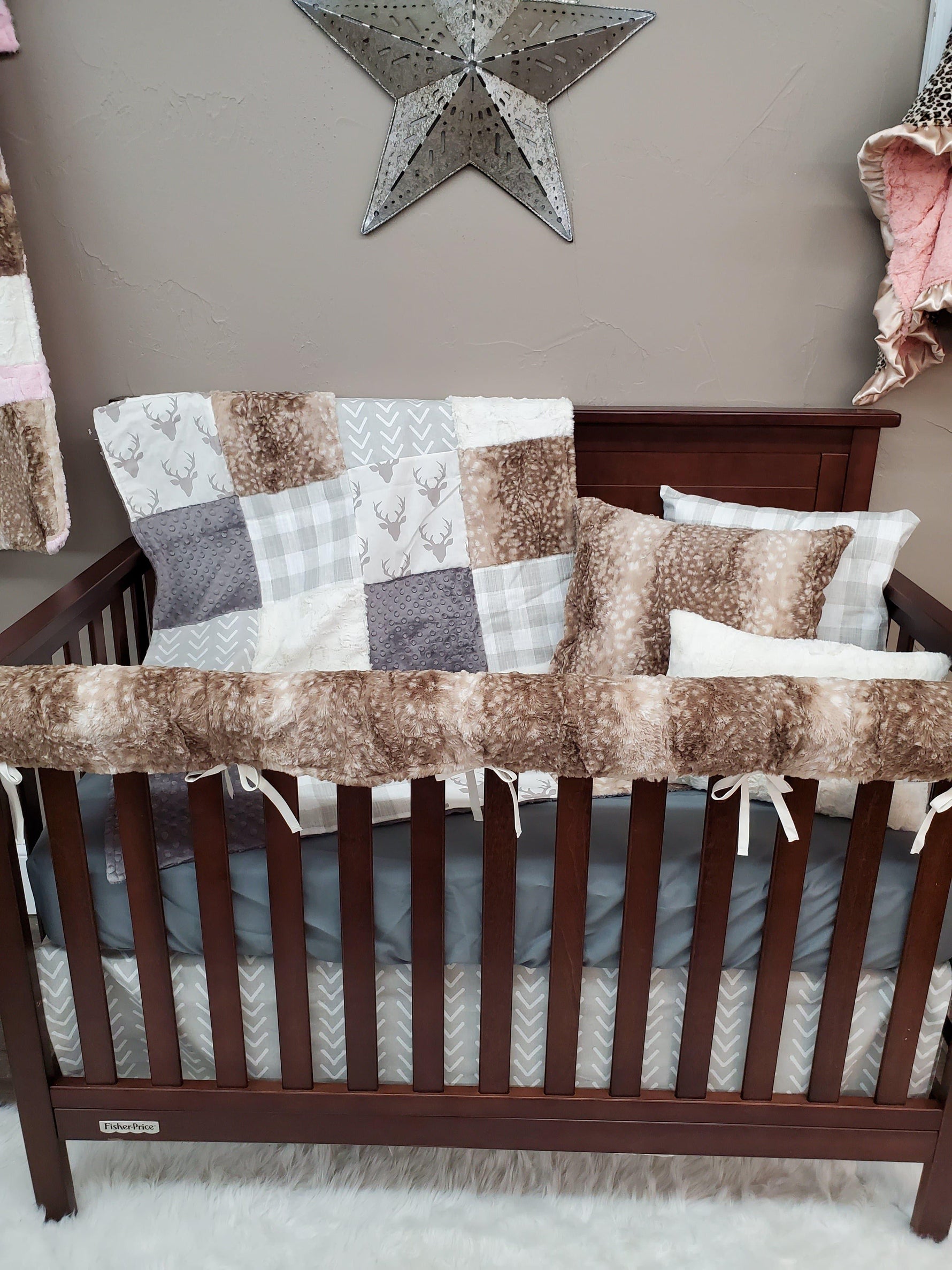 Ready Ship Neutral Crib Bedding - Buck and Fawn Minky Woodland Collection - DBC Baby Bedding Co 