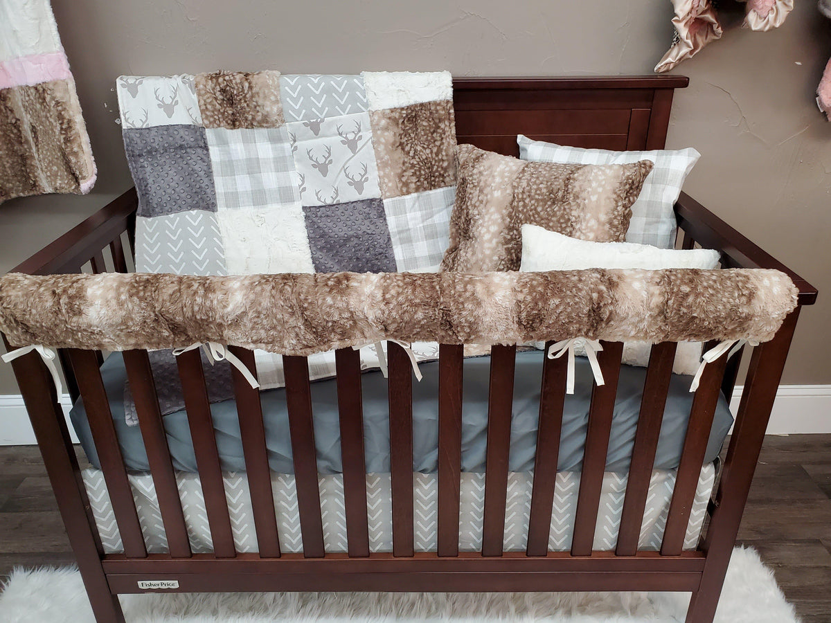 Ready Ship Neutral Crib Bedding - Buck and Fawn Minky Woodland Collection - DBC Baby Bedding Co 