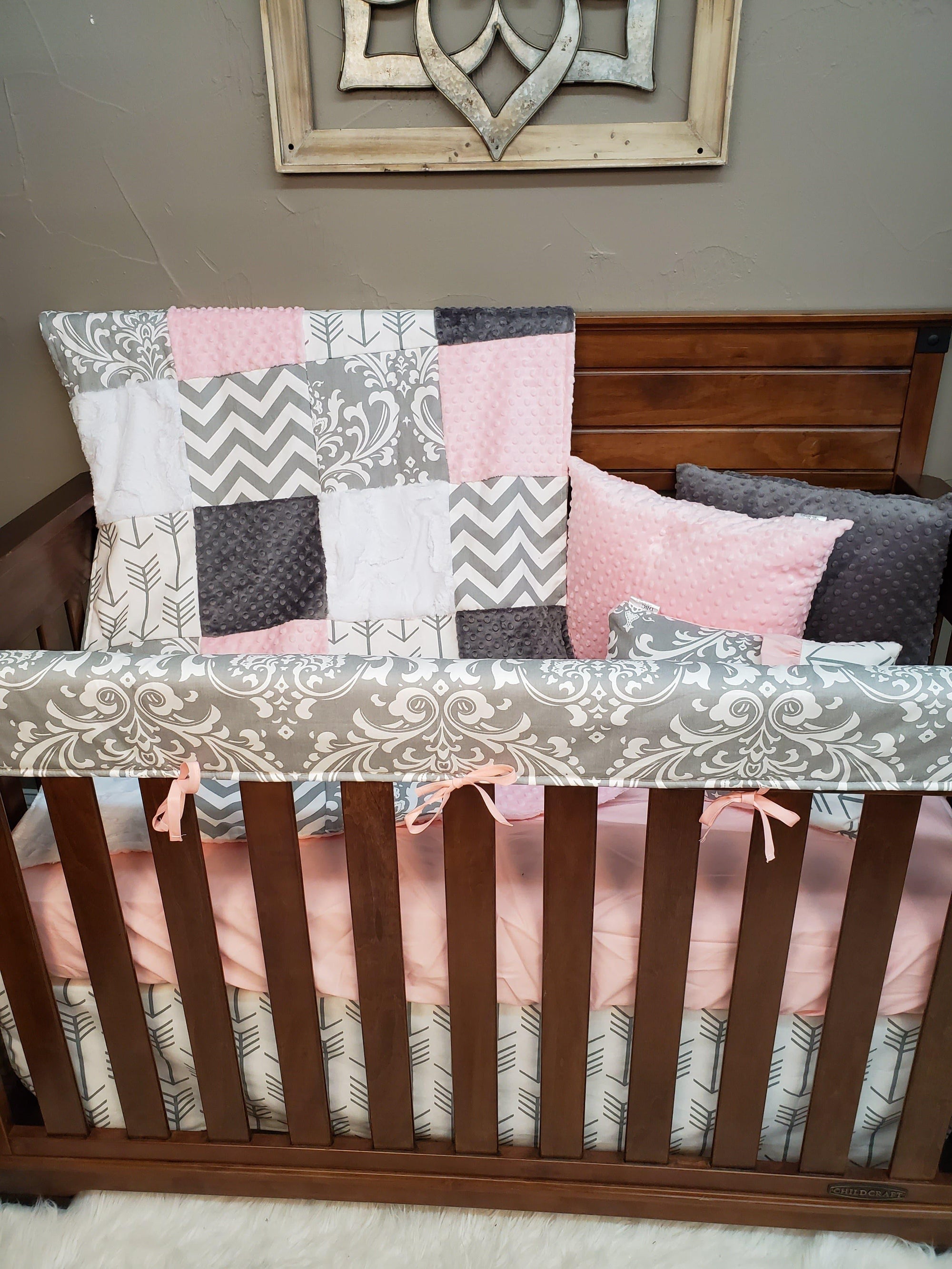 Ready Ship Girl Crib Bedding - Damask and Arrow Collection - DBC Baby Bedding Co 