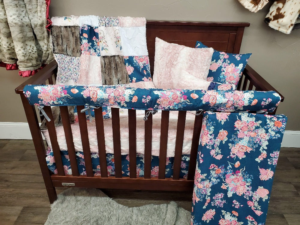 Custom Girl Crib Bedding - Boho and Navy Floral Nursery Collection - DBC Baby Bedding Co 