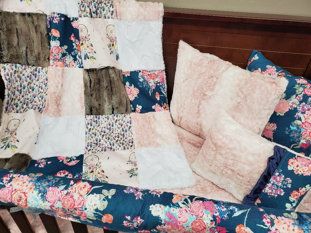 Custom Girl Crib Bedding - Boho and Navy Floral Nursery Collection - DBC Baby Bedding Co 