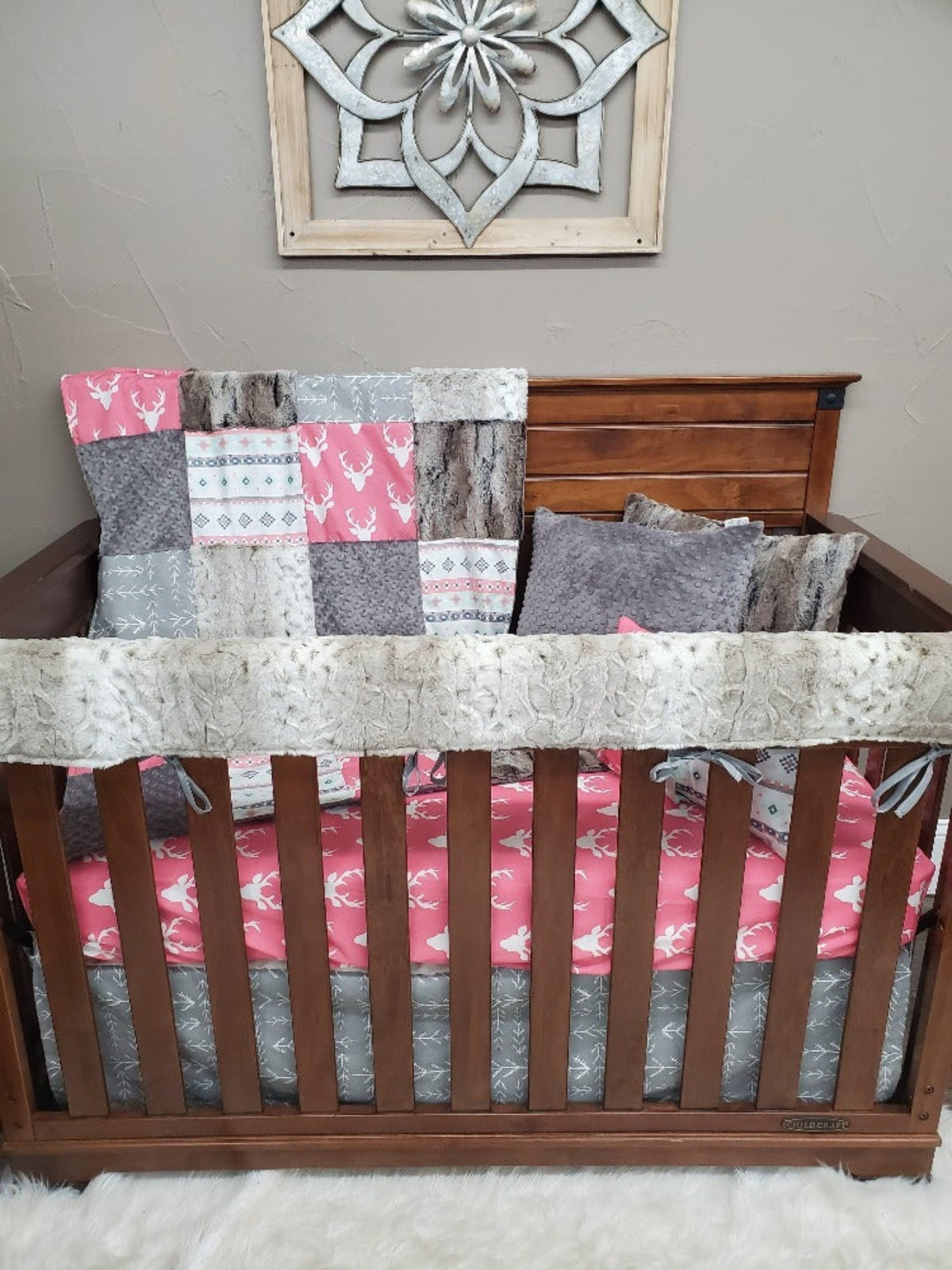 Ready Ship Girl Crib Bedding - Pink Buck and Lynx Minky Woodland Crib Bedding Collection - DBC Baby Bedding Co 
