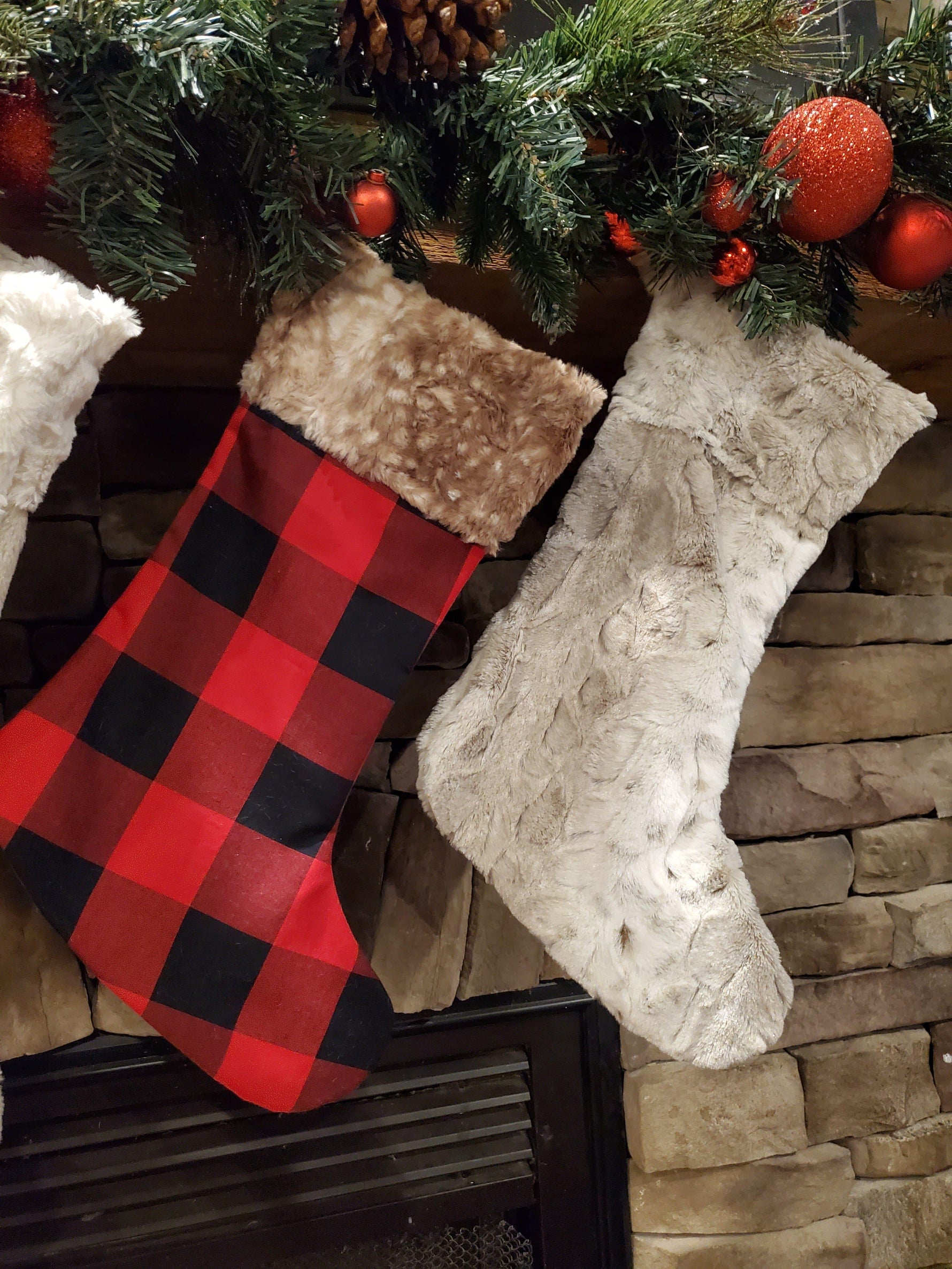 Holiday Decor - Christmas Stocking - Red Black Check, Lynx Minky, and Fawn Minky Collection - DBC Baby Bedding Co 