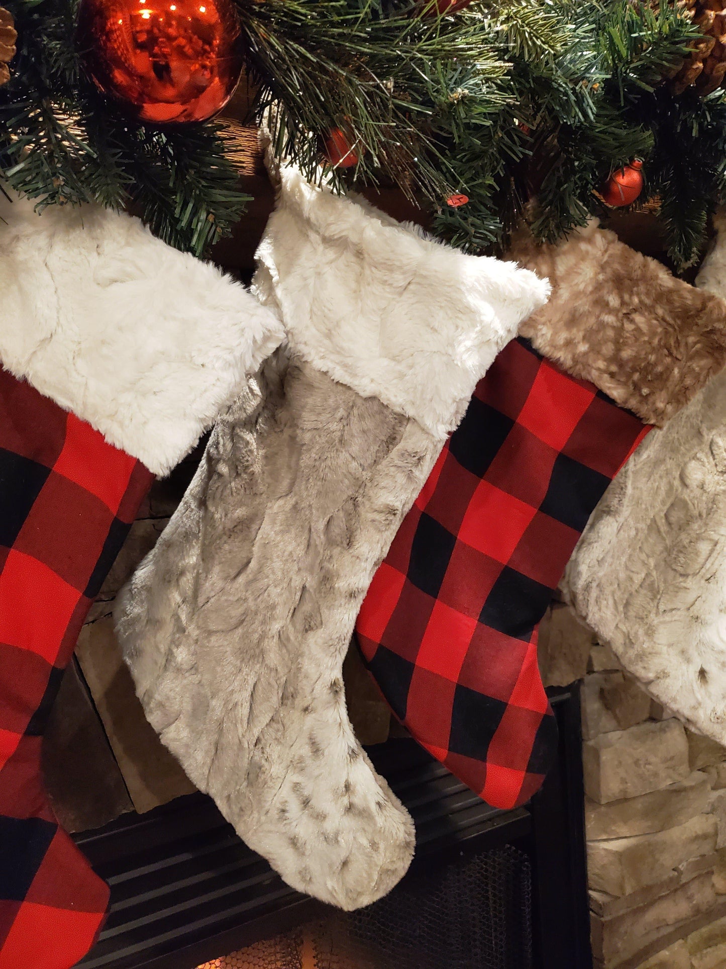 Holiday Decor - Christmas Stocking - Red Black Check, Lynx Minky, and Fawn Minky Collection - DBC Baby Bedding Co 