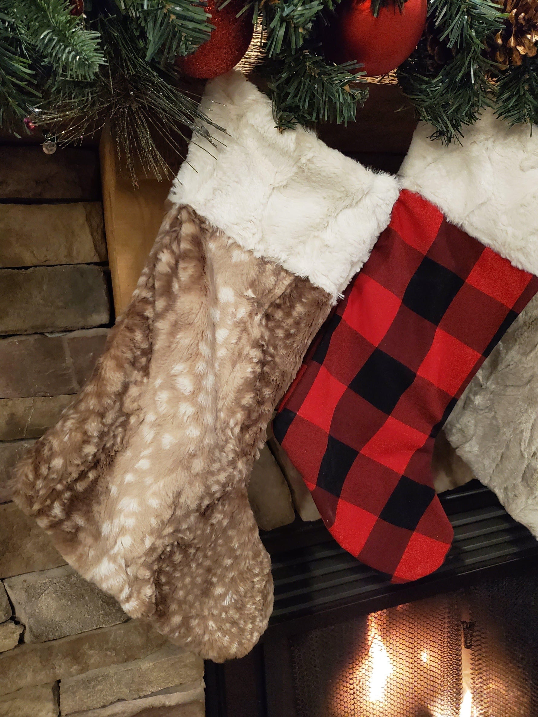 Holiday Decor - Christmas Stocking - Red Black Check, Lynx Minky, and Fawn Minky Collection - DBC Baby Bedding Co 