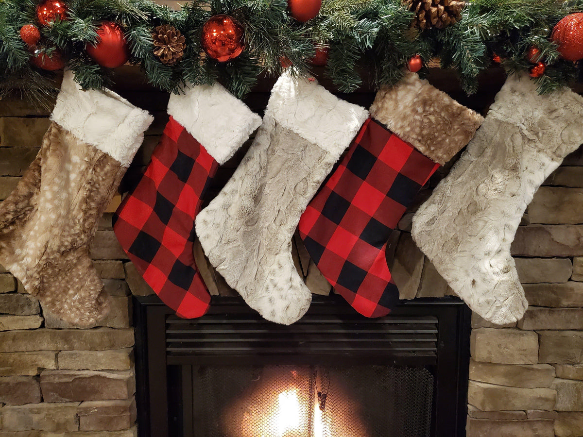 Holiday Decor - Christmas Stocking - Red Black Check, Lynx Minky, and Fawn Minky Collection - DBC Baby Bedding Co 