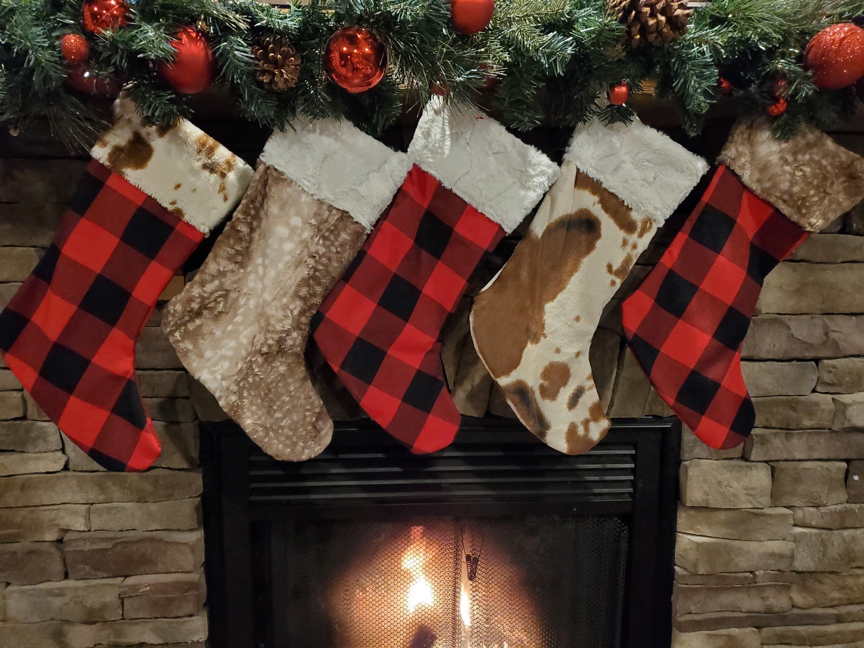 Holiday Decor - Christmas Stocking - Red Black Check, Cow Minky, and Fawn Minky Collection - DBC Baby Bedding Co 