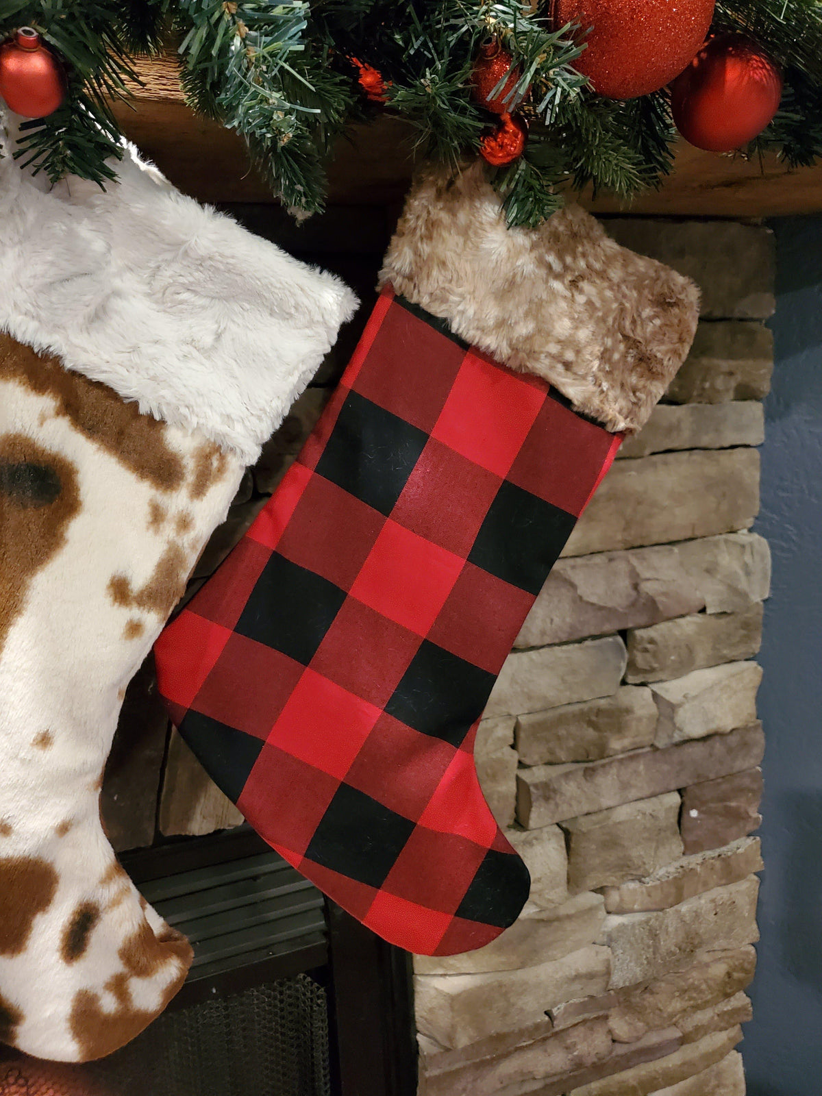 Holiday Decor - Christmas Stocking - Red Black Check, Cow Minky, and Fawn Minky Collection - DBC Baby Bedding Co 